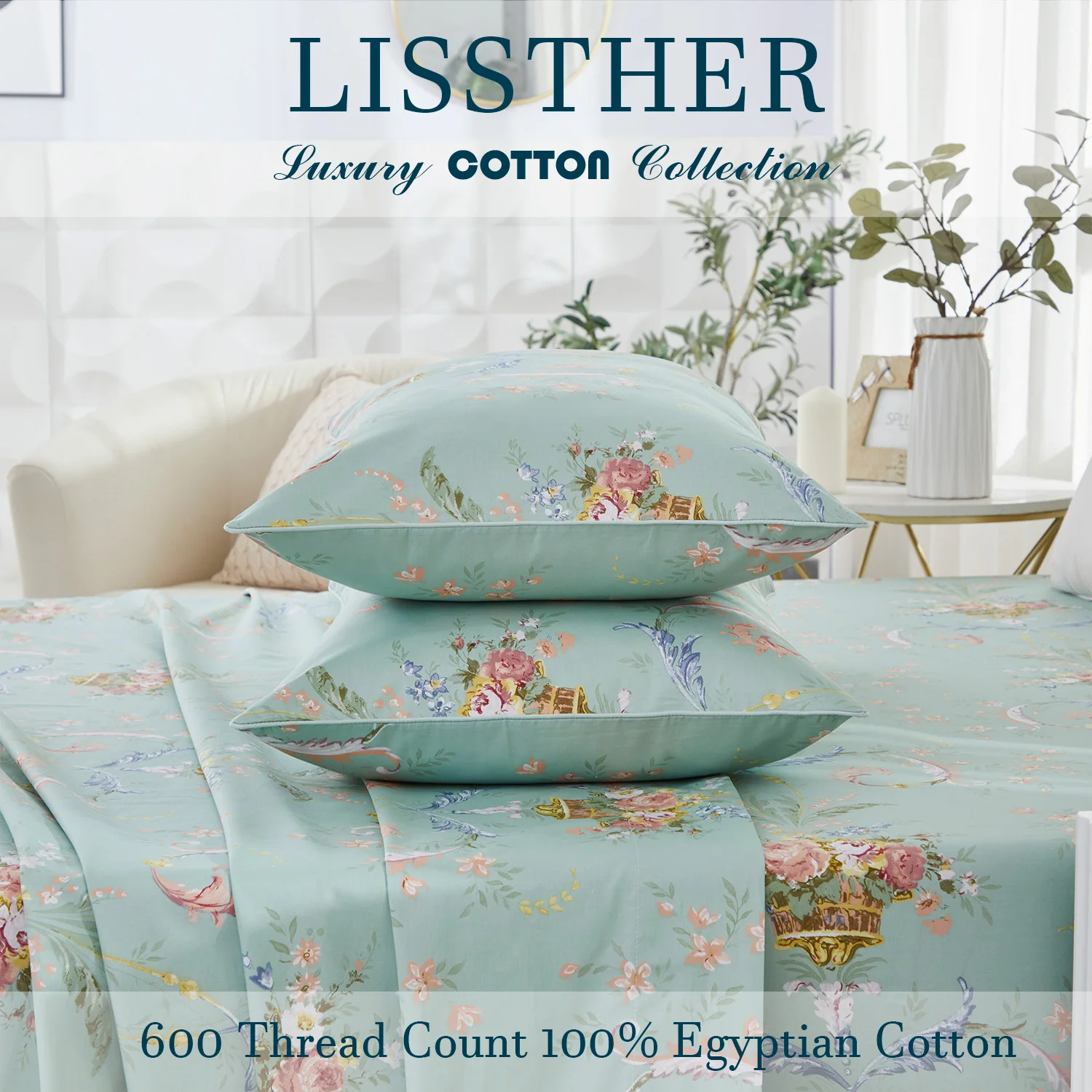 3pcs 600TC 100% Egyptian Cotton Duvet Cover Set, Floral Luxury Art Design, Soft Breathable Skin-Friendly (No Inserts)