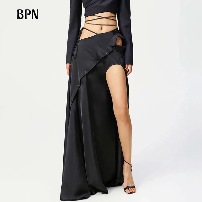 

BPN Designer Sexy Hollow Out Skirts For Women High Waist Solid Thigh Split Slimming A Line Streetwear Skirt Female Fashion Style