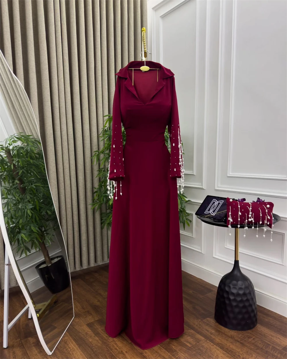 Customized Evening Dress Temperament V-Neck Vestido  De  Festa  Jersey Long Sleeves Sweep Train  Sweep Train  Evening Dress