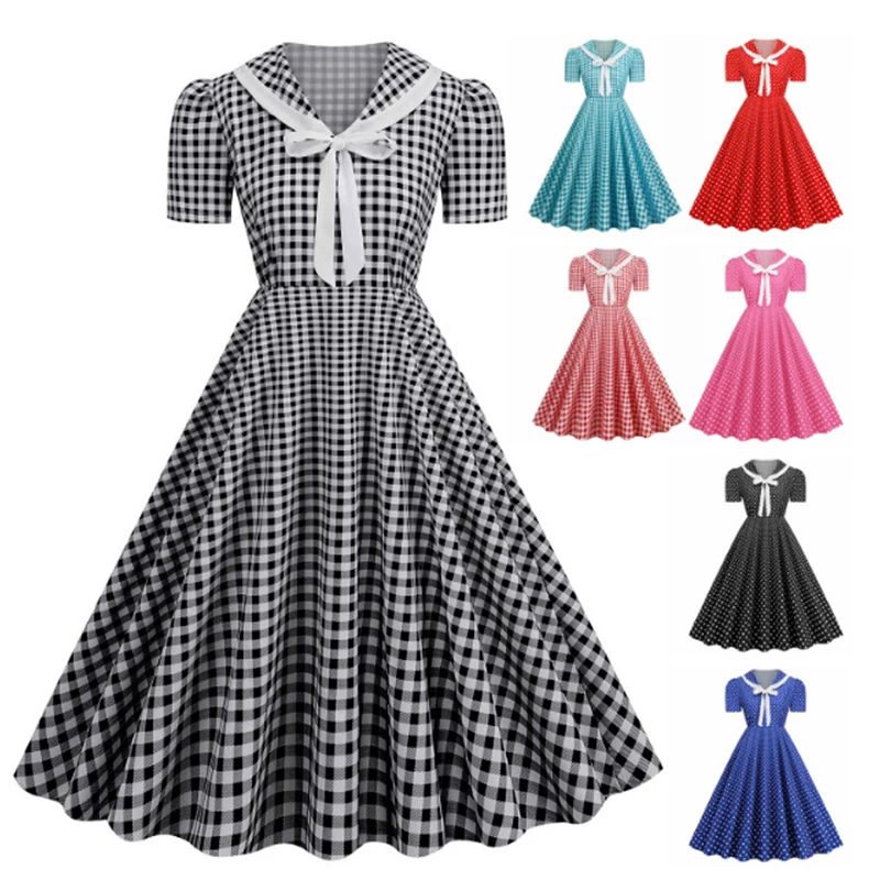 Vestido Vintage con estampado de lunares para mujer, vestido Retro de los años 50 y 60, vestido por debajo de la rodilla para fiesta de cóctel Rockabilly