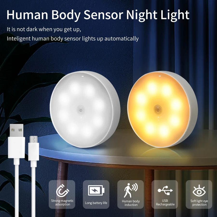 Lampu malam LED Sensor gerak, dapat diisi ulang USB, lampu dinding, lampu malam kamar tidur, lampu kabinet lemari dapur, lampu malam anak