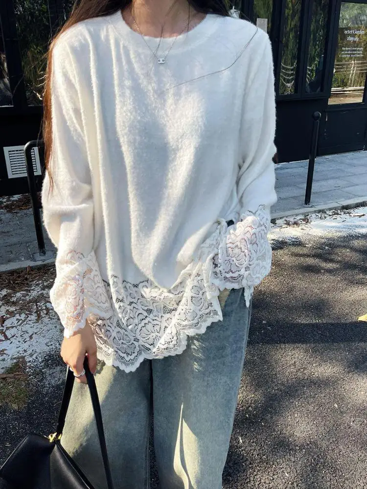 Tawaaiw Streetwear Patchwork Lace T Shirt Women Clothes Long Sleeve Korean Fashion Autumn Tops Solid Interior Base Tees Y2k