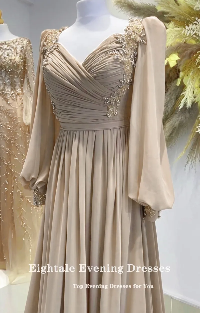 Eightale Champagne Avondjurken V-Hals Chiffon Lange Mouwen Appliques Kralen Prom Party Jurk Afstuderen Ballkleider Abiye