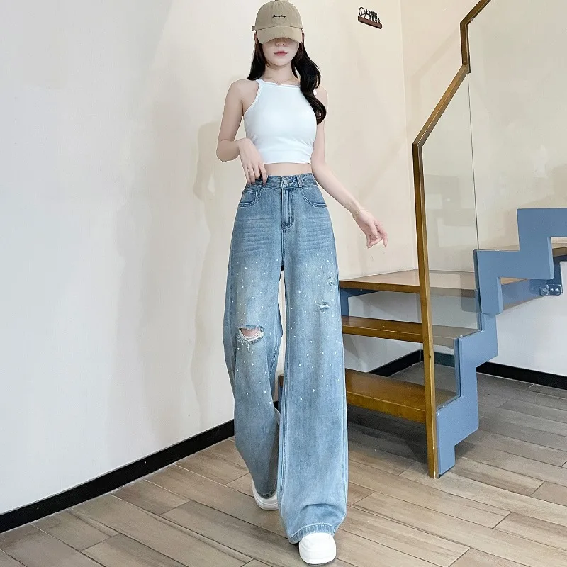 

Straight Loose Baggy Jeans Woman Clothing Fashionable Break Hole Women' S Pants French Thin Model Nail Beads Hosen Cowgirls Y2k