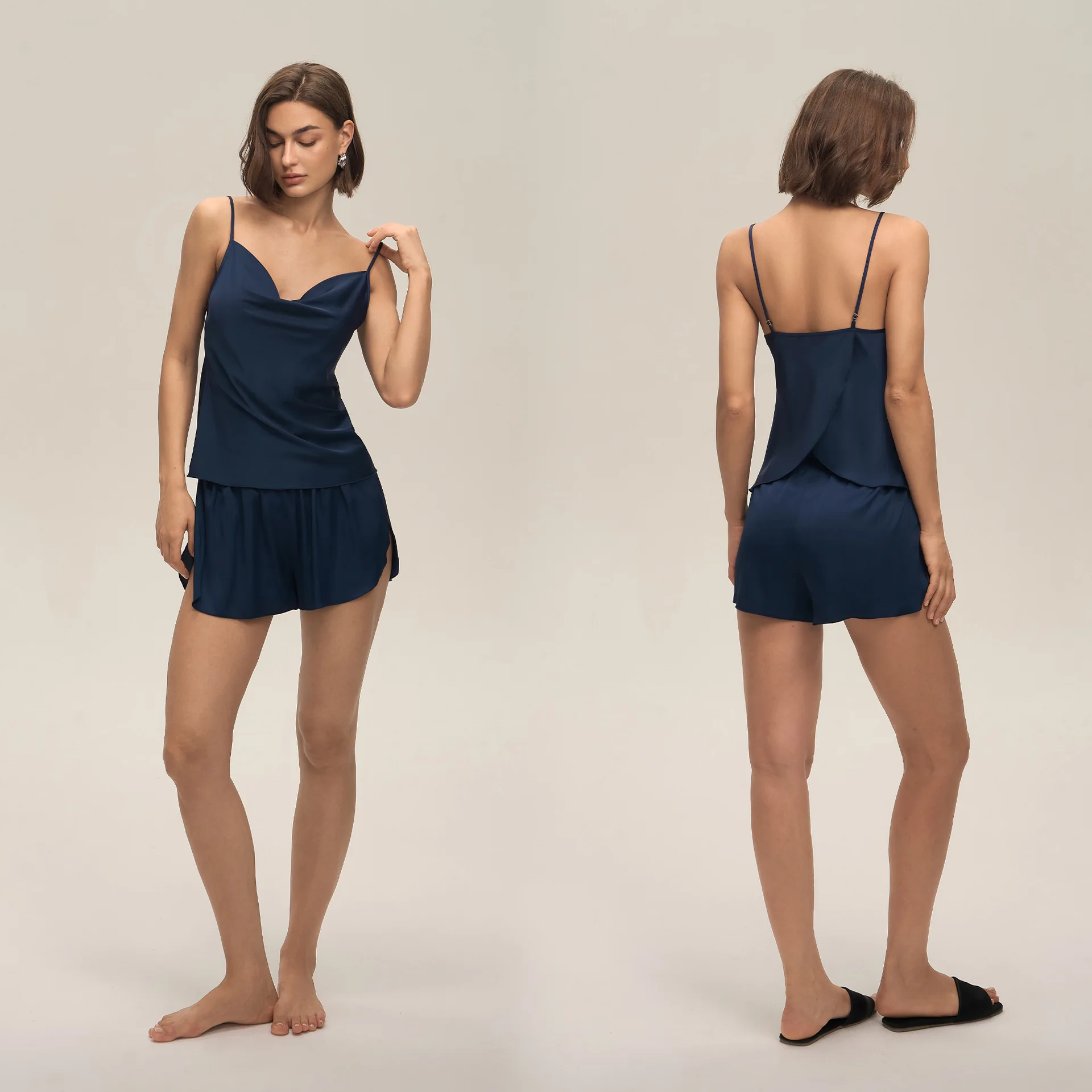 New Fashion Trendy Women's Sexy Solid Color Swing Collar Strap Shorts Set Simple Casual Home Clothes