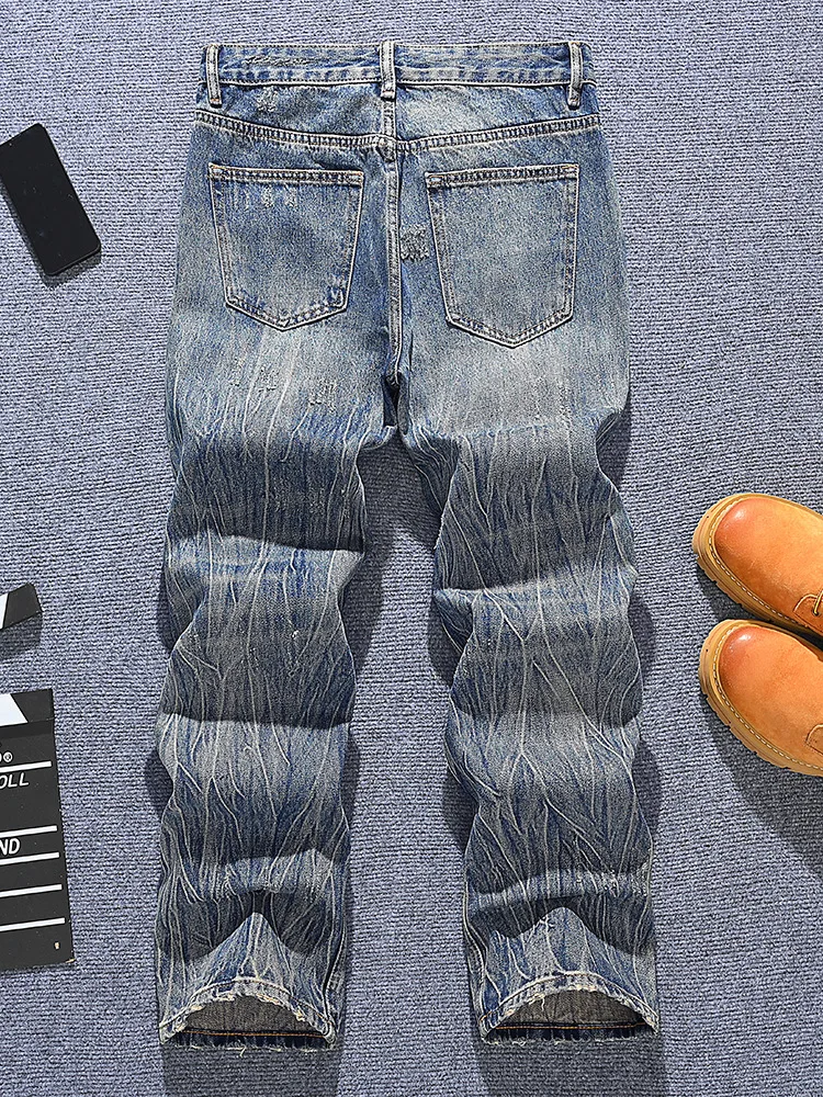 تصميم عصري مطبوع على الطراز الكوري جينز عصري للرجال أزياء الشارع ريترو وسيم فضفاض واسع الساق