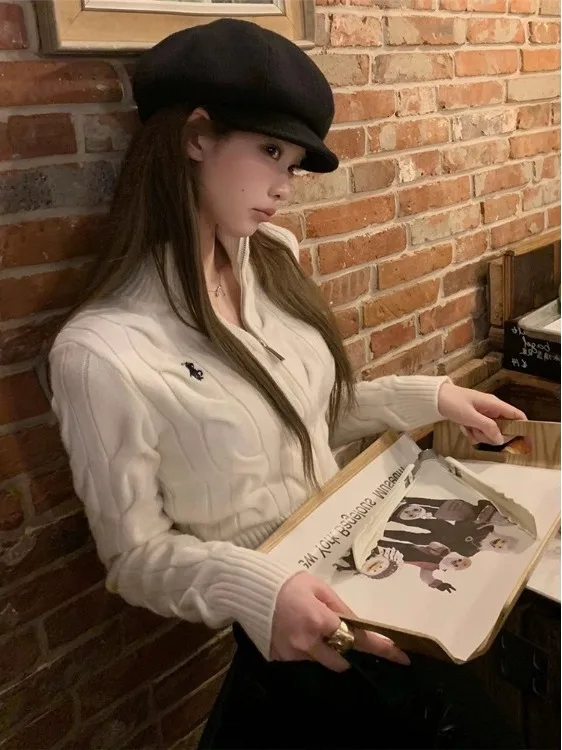 

Slim Fit Knitted Zipper Ne Long Sve Sweater Women's Faion Autumn New Sle Lazy Pattern French Sle Soft Polyester Fiber