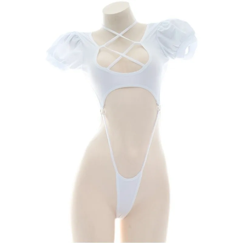 أنيمي قطعة واحدة منفوخة كم ملابس السباحة ، زي أسود ، الأشرطة المتقاطعة ، ارتداءها ، ملابس السباحة ، الزي الرسمي ، حفلة حمام السباحة ، تأثيري