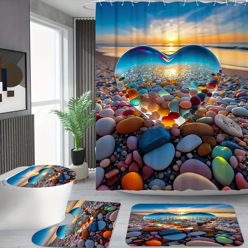 4pcs Heart-Shaped Colorful Pebbles Design Bathroom Set, Shower Curtain With 12 Free Hooks (179.83x179.83 Cm) And Matching To