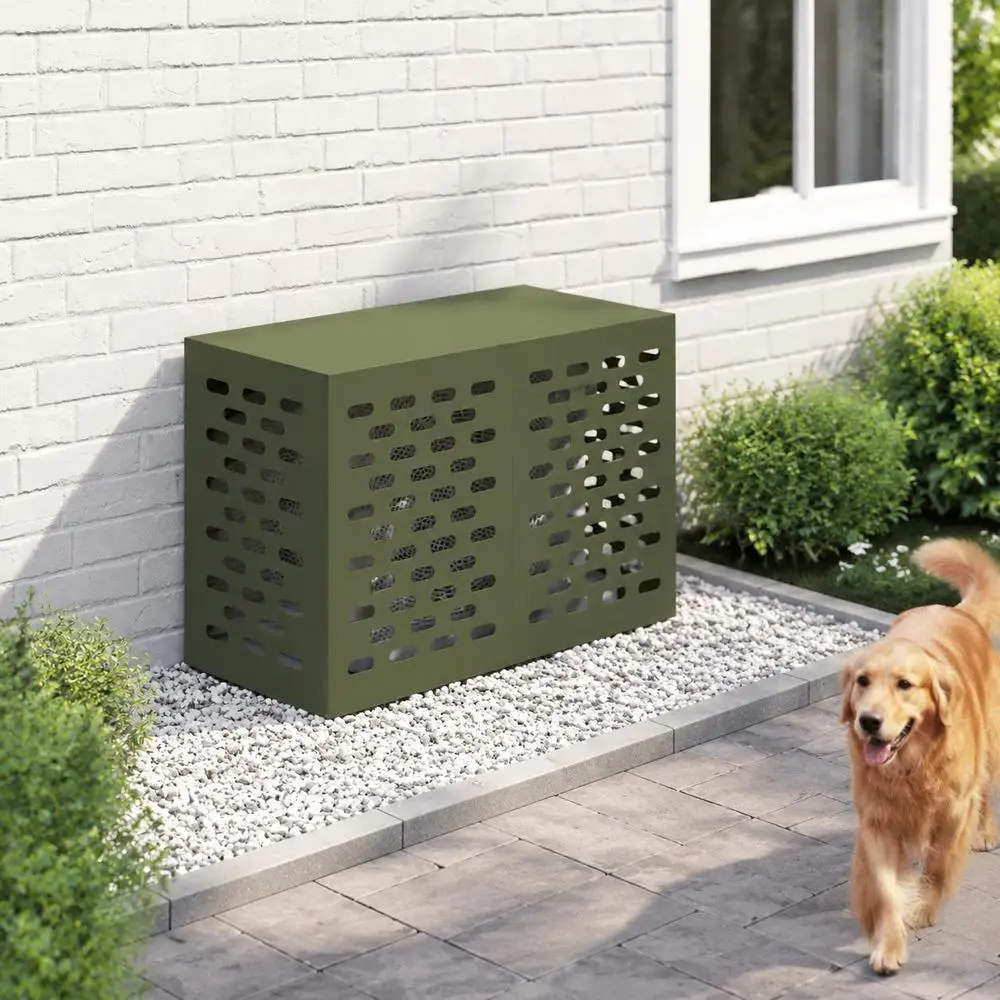 Housse de climatiseur, en acier, vert olive, protection pour unité extérieure, construction durable, convient aux dimensions 90x40x60 cm. Fabriquée en acier résistant aux intempéries de qualité supérieure, offrant une protection fiable pour les unités de climatisation extérieures.