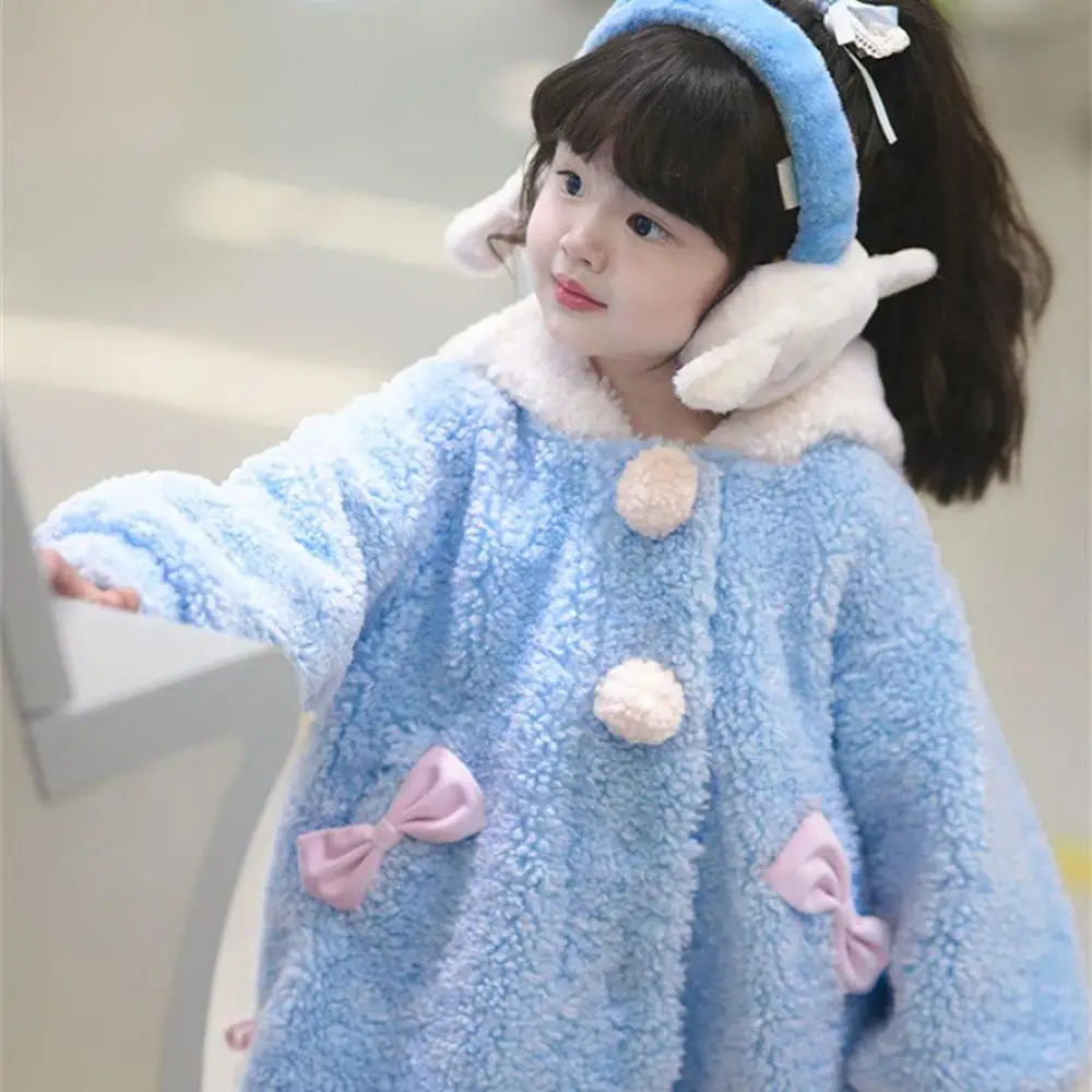 

Детская плюшевая куртка с рисунком Kawaii Cinnamoroll, свободное пальто Sanrio для девочек, зимние теплые милые топы принцессы из овечьей шерсти с капюшоном