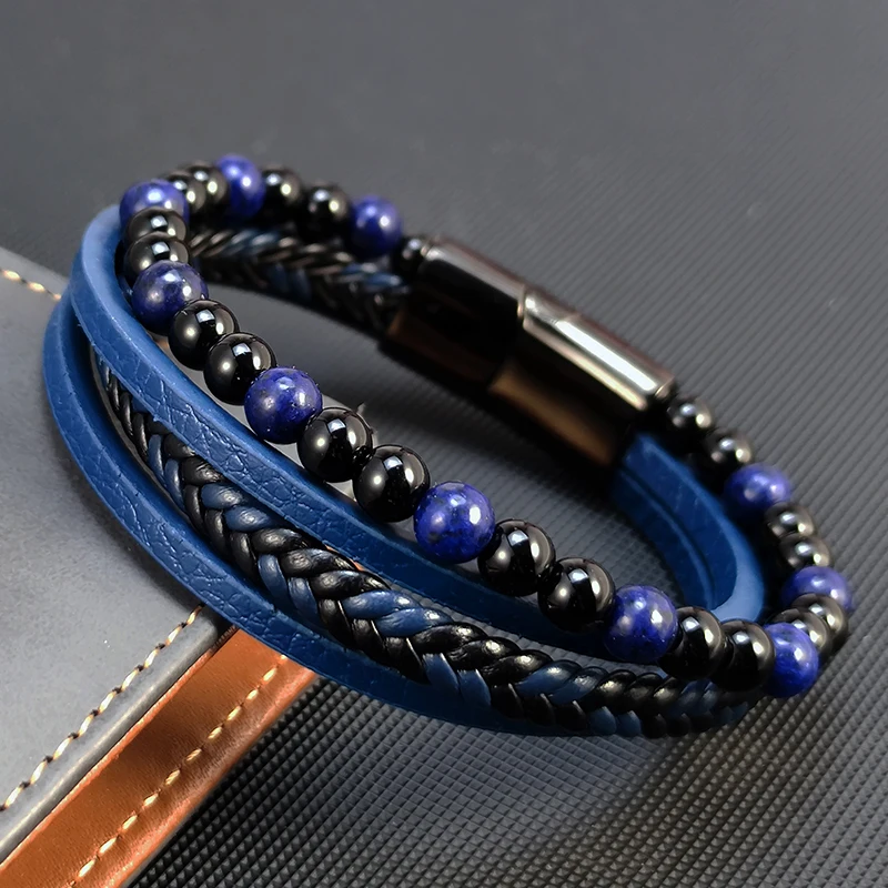 2023 New Punk Men Beaded Bracelets Classic Fashion Blue lapis lazuli Beaded Multilayer Leather Bracelet For Men Jewelry Gift