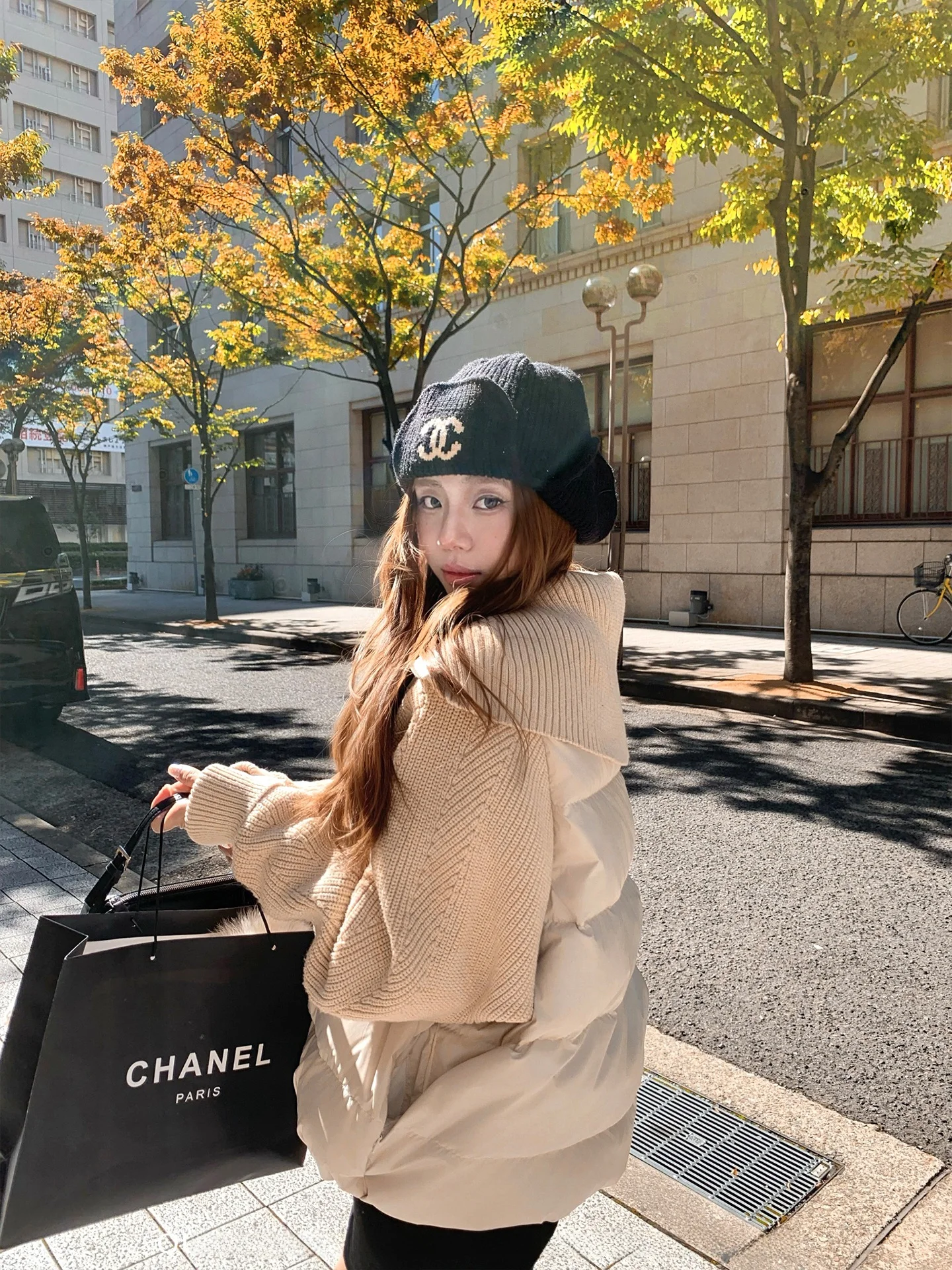 

Warm Wheat Color Knitted Patchwork down Jaet with Large Collar from Circle Cooky Limited Edition Autumn Memory Casual Sle...