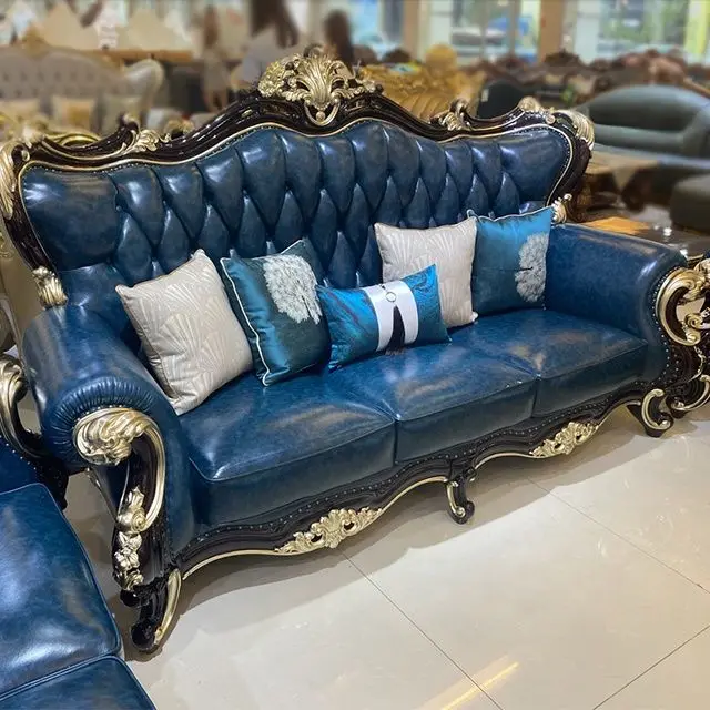 Home Blue Leather Hand Made Carvings Luxury Living Room Antique Furniture Sofa in Stock