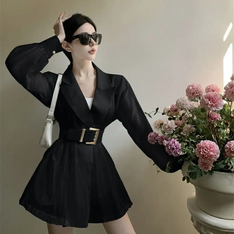 Blazers Women with Belt Defined Chic Slim Thin Breathable Summer Sexy Solid Korean Fashion Clothing Notched Overcoats Harajuku