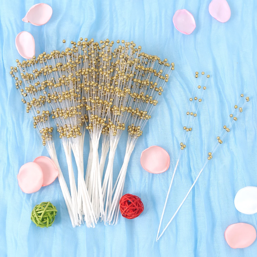 

10Pcs Golden Pearl Sticks Beading on Wire Stems for Garland Bridal Wedding Pearl Bouquet Home Party Decor Craft Gifts Accessory