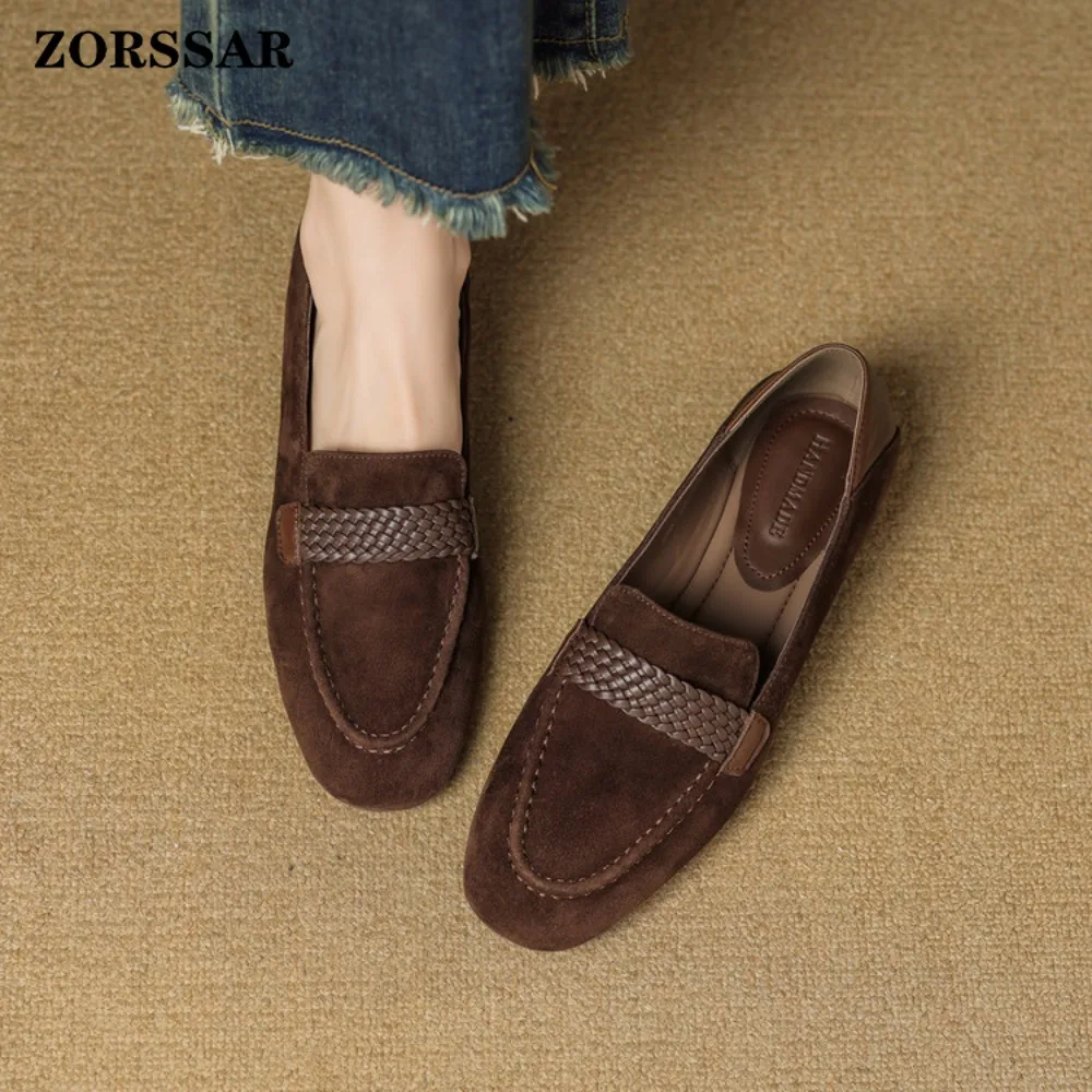 Loafers for Woman 2026 New Spring Round Toe One Foot Slip-on Shoes Women Genuine Suede Leather Soft Flats Shoes Women