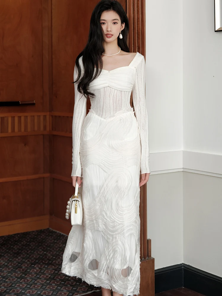 

2025 белое вязаное жаккардовое длинное платье с квадратным воротником и бисером, женское элегантное роскошное вечернее платье, осенне-зимнее корейское праздничное платье