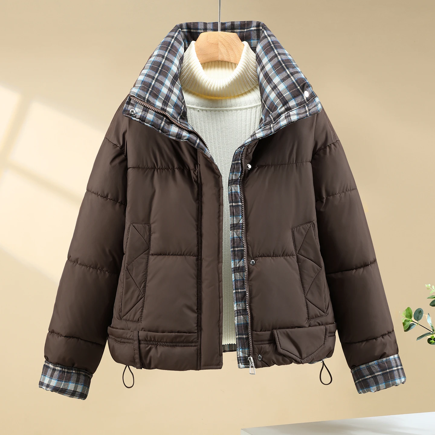 เสื้อแจ็คเก็ตผ้าฝ้ายลายสก็อตสำหรับผู้หญิง แฟชั่นเรียบง่าย คอตั้ง หนา อุ่น สไตล์เกาหลี ลำลอง หลวม