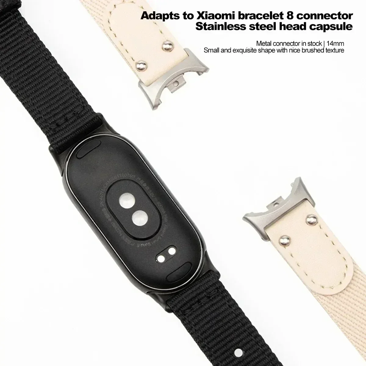 Xiaomi Mi Band 8/9用コネクター、リストバンドメタルヘッドアダプター、Mi 8 9バンドコネクター、ステンレススチール製、14mmストラップ対応
