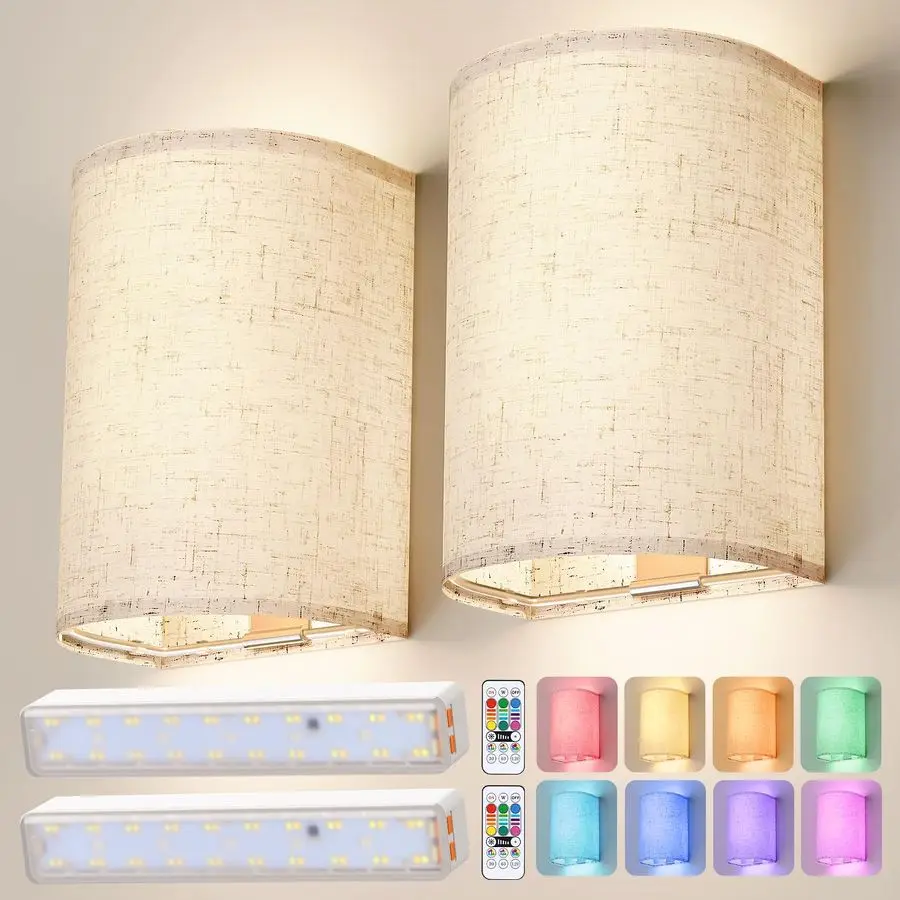 

Battery Operated Wall Sconce Wireless Wall Sconces Set of Two Magnetic Lamp Rechargeable Lights Dimmable with 16 RGB Colors Fabr