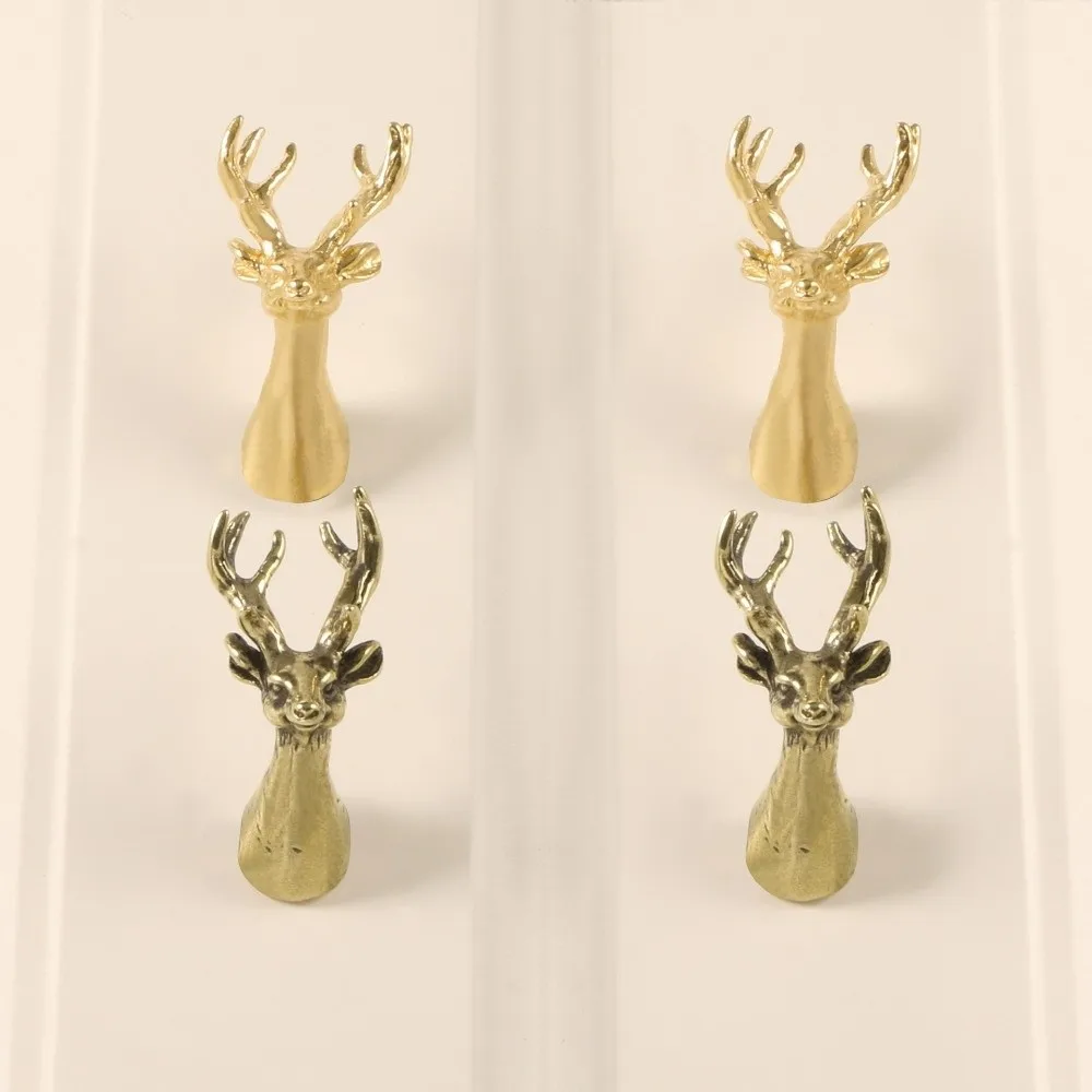 Retro Brass Cabinet Pull Vintage Single Hole Solid Deer Head Drawer Handle Furniture Hardware Animal Series