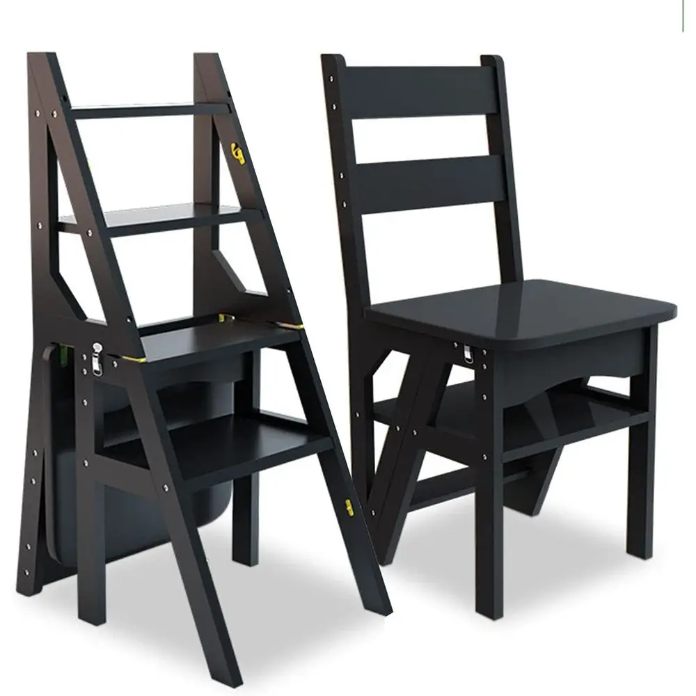 

4-Tier Wooden Step Ladder, Convertible 3-in-1 Utility Chair, 265 lbs Capacity, Display Shelf, Kitchen Storage (Black), 37.5x35x9