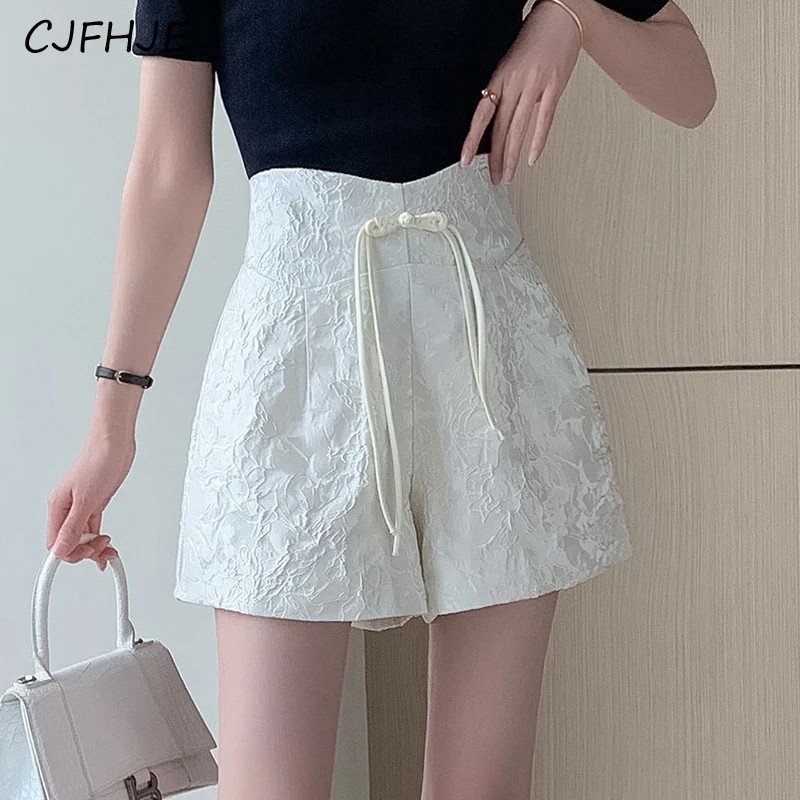 CJFHJE Summer Women Retro Chinese Style Jacquard Button Shorts Fashion Versatile High Waist Women\'s A-line Thin Wide Leg Shorts