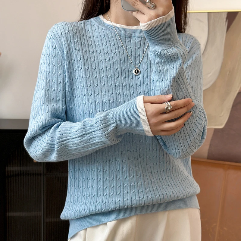 Autumn and winter women's 100% pure cotton sweater casual O-neck knitted pullover loose color matching hot selling women's top