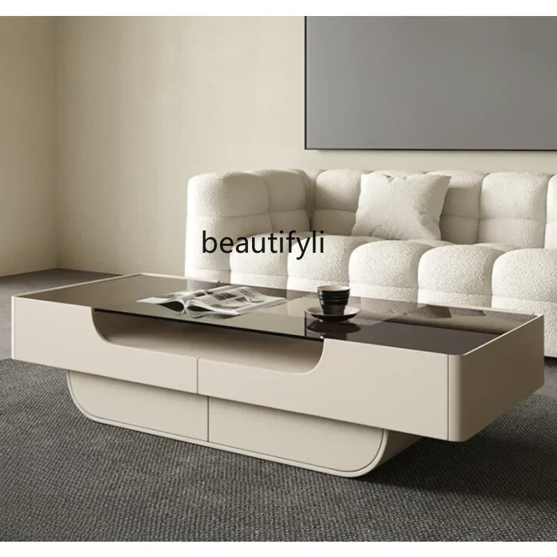 

Cream Style Tea Table TV Cabinet Combination Living Room Tempered Glass Tea Table Modern Minimalist Tea Table furniture