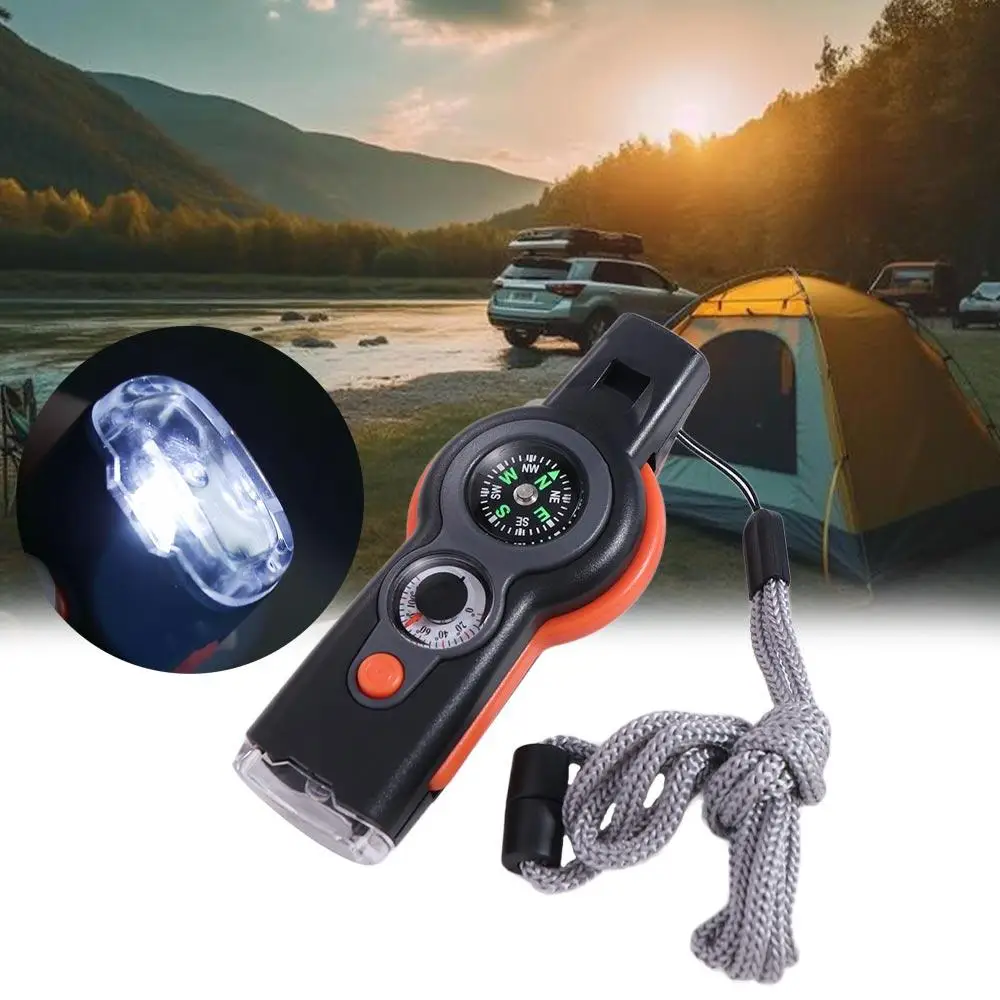 

Compass Emergency Whistle Thermometer Magnifying Glass Survival Whistle LED Light Storage Container 7 in 1 Whistle Outdoor Tools