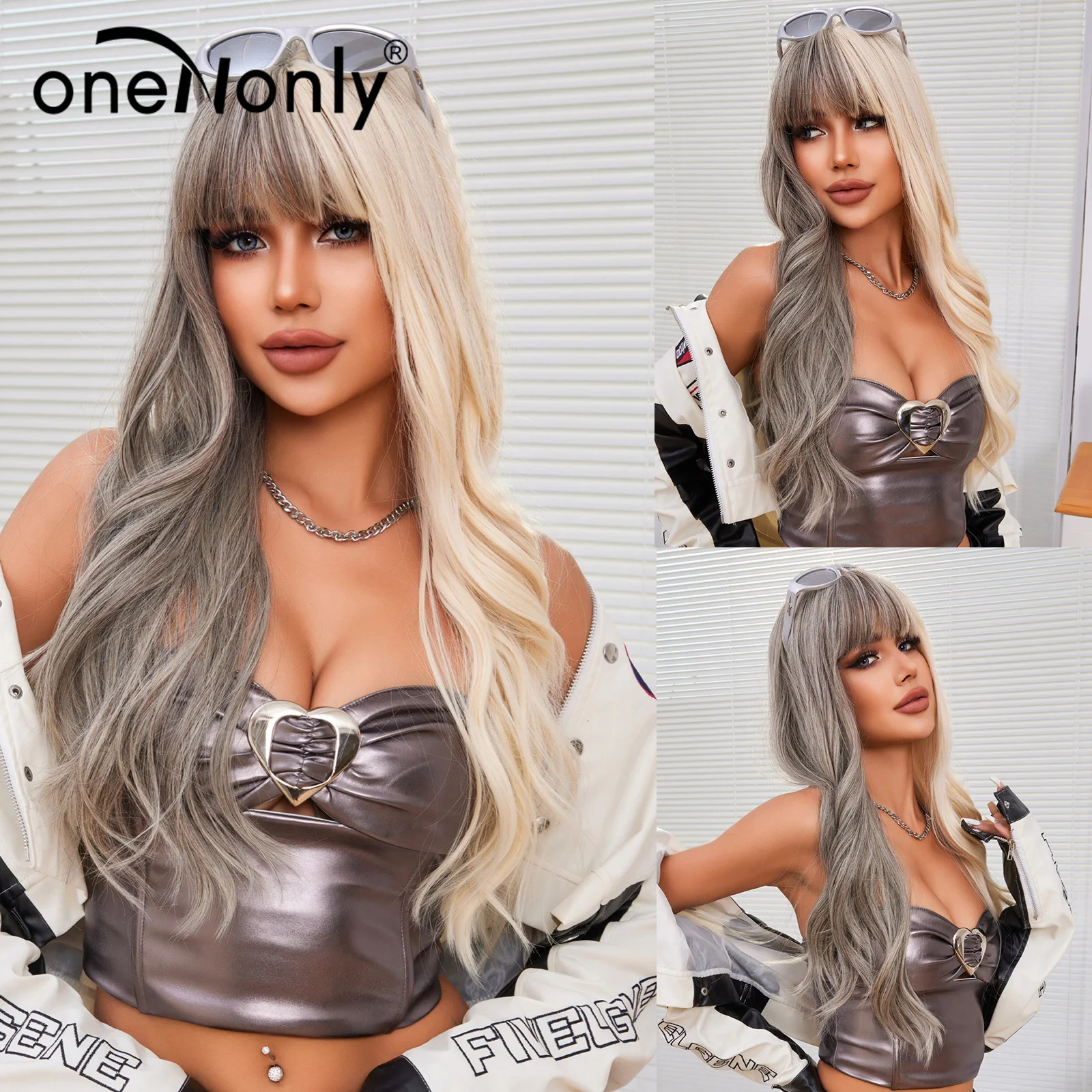 oneNonly Long Gray White Splicing Wig with Bangs Wavy Cosplay Lolita Wigs for Women Christmas Party High Temperature Hair