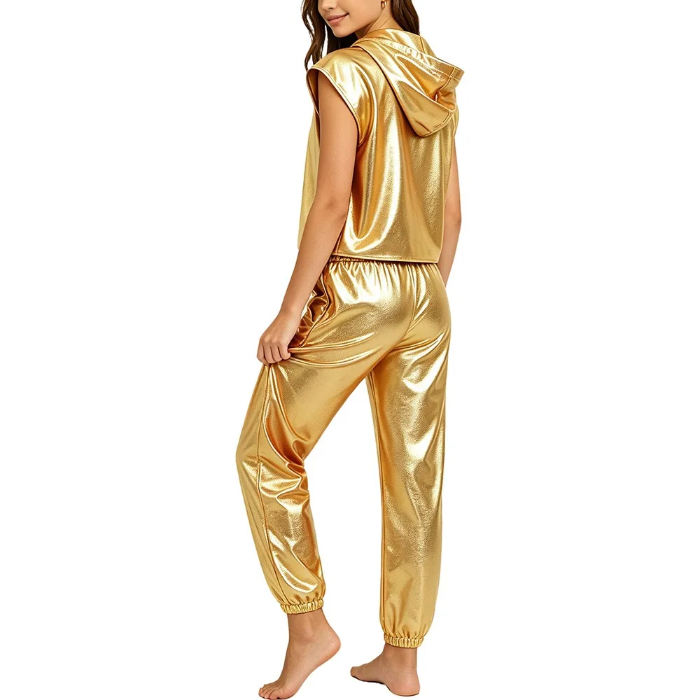 Women Fashion Metallic Two Sets Outfits Sleeveless Hooded Tops with High Waist Pants Set Music Party Shiny High Look Costume