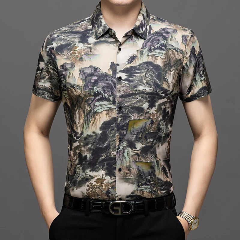 Soft Skin-Friendly Print Shirts For Men Short Sleeve Oversize 4XL Summer Quality Soft Comfortable Silky Casual Camisas De Hombre