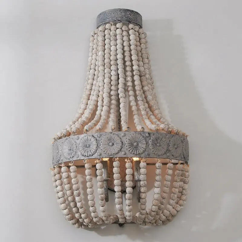 Large Wooden Beads Wall Lamp W35 H55cm Vintage Grey Beaded Wall Sconce In Living Room Bohemia Antique Wall Lighting in Bedroom