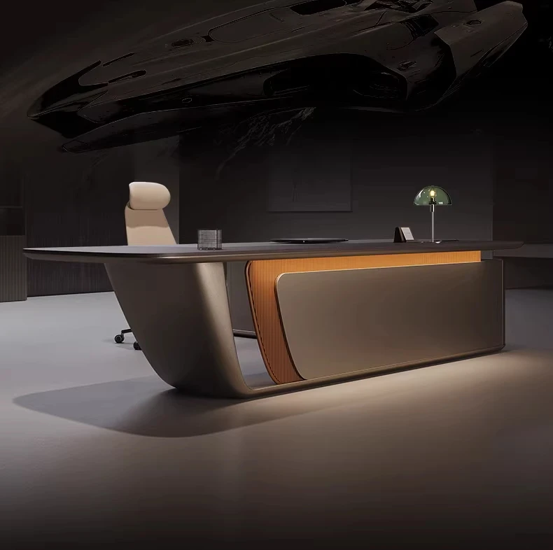 Executive Desk Curved Legs 3D Leather Texture Multi-function Cable Box LED Strip Grille Baffle Solid Wood Multi-layer Board