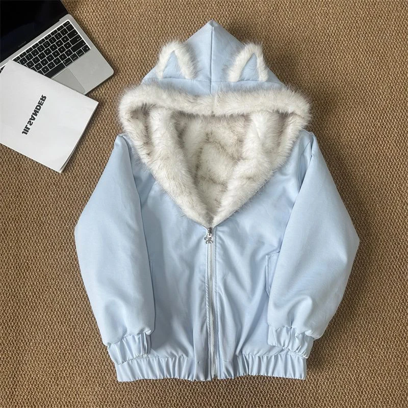 

Autumn Winter New Sweet Cute Style Blue Double Sided Wearing Fury Cat Ear Hooded Cotton Jacket Thickened Warm Women's Coat