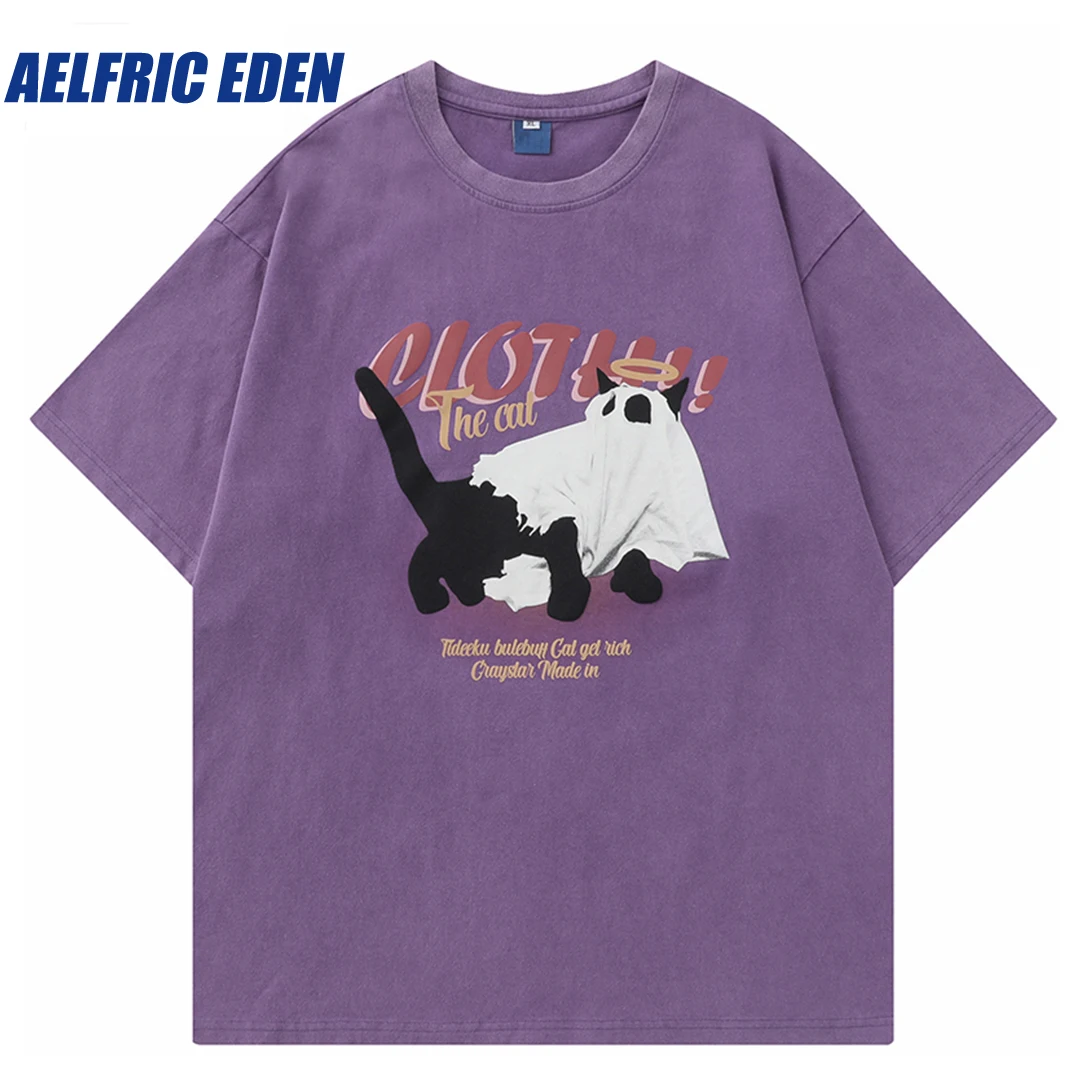 Aelfric Eden Funny Masked Cat Graphic T-Shirt Men Tshirt Streetwear Vintage Washed FabricHarajuku T Shirt Cotton Tops Tee Purple