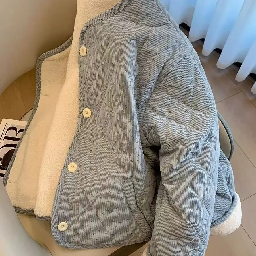 Corduroy Korean Version Age Reducing Round Neck Floral Cotton Jacket for Women, Loose and Versatile Warm Long Sleeved Cotton Jac