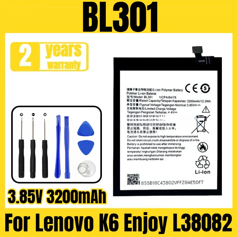Suitable for Lenovo K6 Enjoy L38082 battery BL301 mobile phone battery, new large capacity, free tool 3.85V 3200mAh