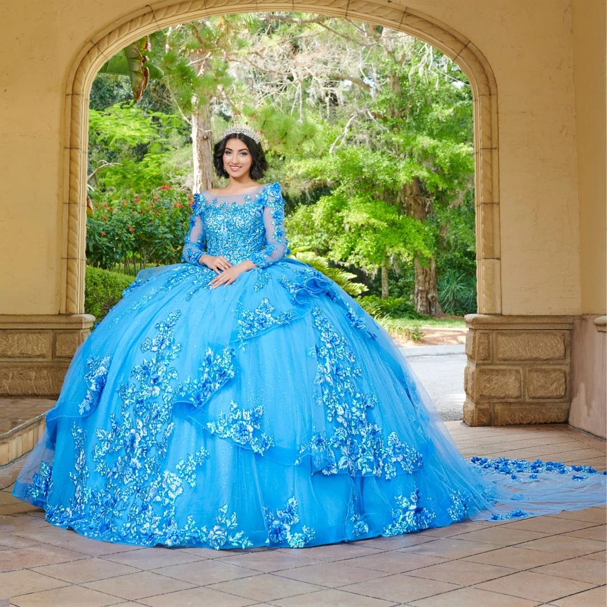 LorstudBlue-Robe Quinceanera à manches longues, robe de Rhen dentelle perlée, robe Sweet 16, YQDaudit, 2024