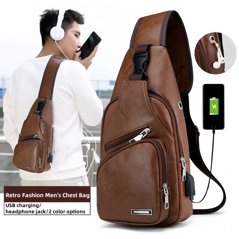 

Simple and Fashionable Casual Solid Color PU Multifunctional USB Charging Zipper MEN'S Chest Bag Crossbody Bag for Commuting