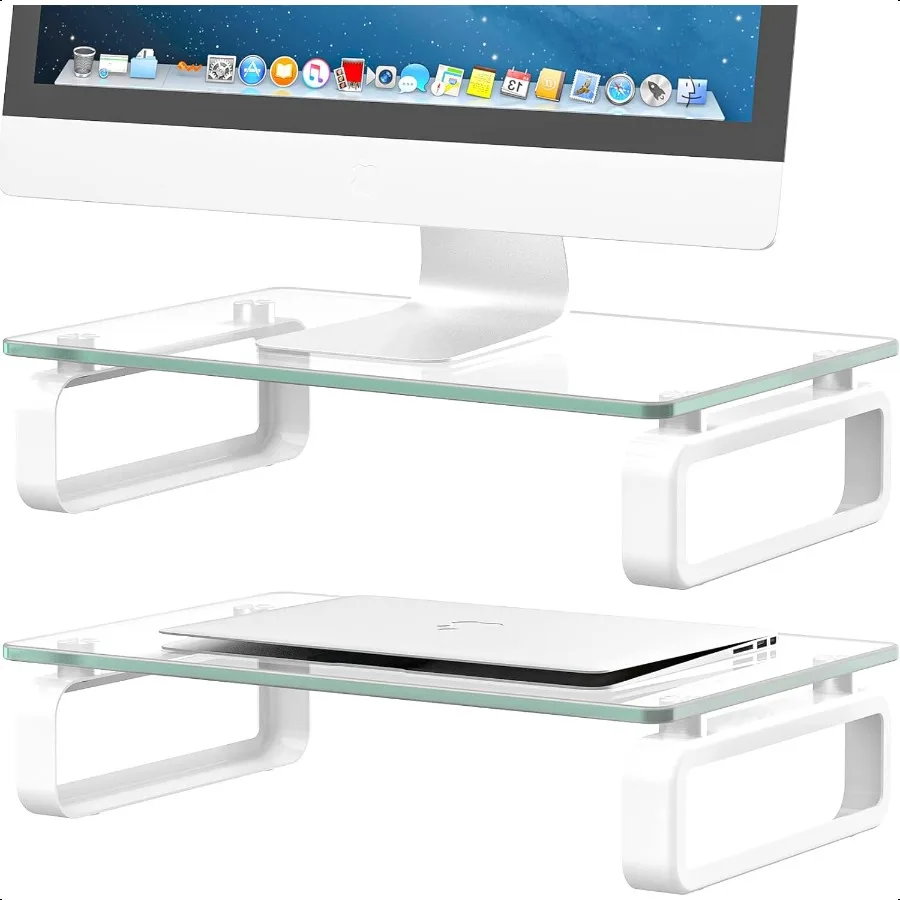 

2 Pack Computer Monitor Stand Riser Multi Media Desktop Stand for Flat Screen LCD LED TV Laptop Notebook with Tempered Glass an