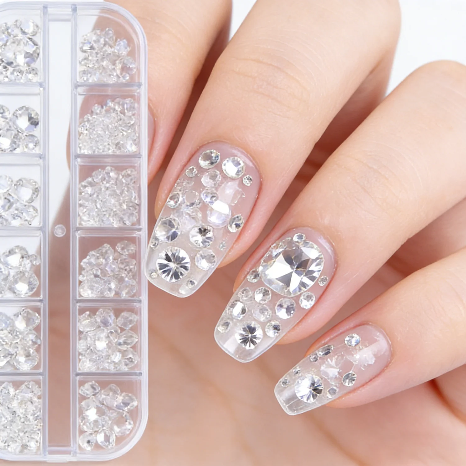 12 شبكة/1 صندوق 2-6 مللي متر عارية الأبيض الراتنج الماس مجموعة صناديق ، مسمار شفاف كريستال حجر الراين عدة ، مسمار الفن سحر لتقوم بها بنفسك مسمار الملحقات #3