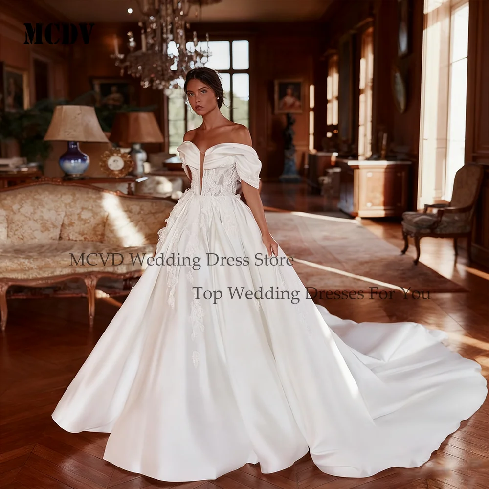 

MCDV Off Shoulder Vintage Wedding Dresses 2026 Bride Applique V-Neck Backless Customized Satin Bridal Dresses For Wedding