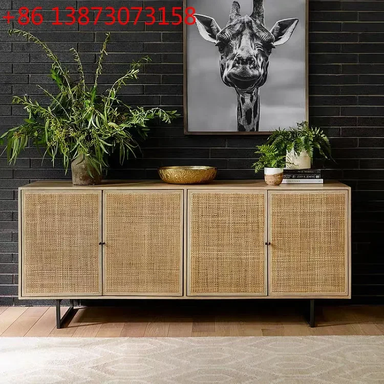 

French rattan dining side cabinet Nordic living room entrance cabinet Modern simple solid wood display cabinet