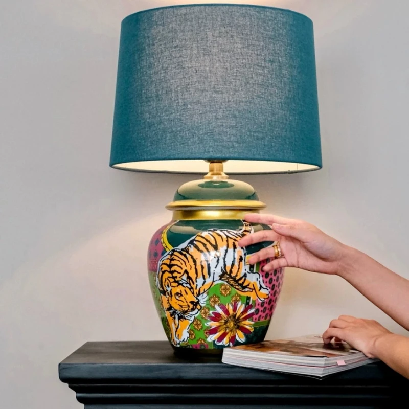 Glazed decal porcelain lamp colored linen personalized bedside entrance lamp