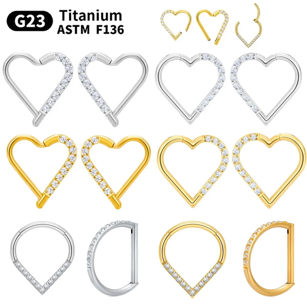 G23 Titanium Piercing Heart Nose Ring For Women ASTM F136 Lip ring16G Earrings D Shape Segment Ring Clicke Cartilage BodyJewelry