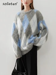 Vintage Diamond Plaid Colorblocked Jumper Fuzzy Knitter Pullover Sweater Crew Neck Loost Fit Autumn Winter Women Outerwear C-024
