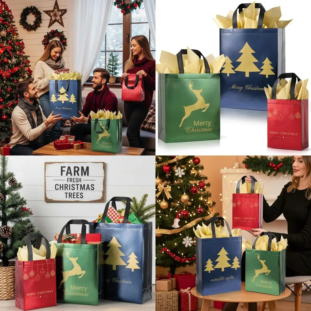 

36 разноцветных подарочных пакетов на Рождество в 3 размерах с упаковочной бумагой, многоразовые красные, зеленые и синие праздничные пакеты с ручками
